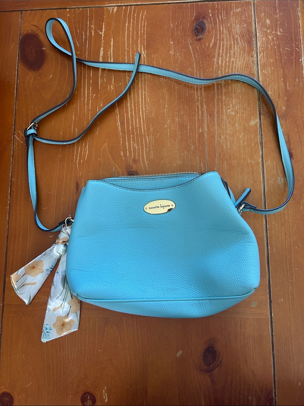Nanette Lepore Turquoise Blue Pebbled Crossbody Bag with Scarf Accent